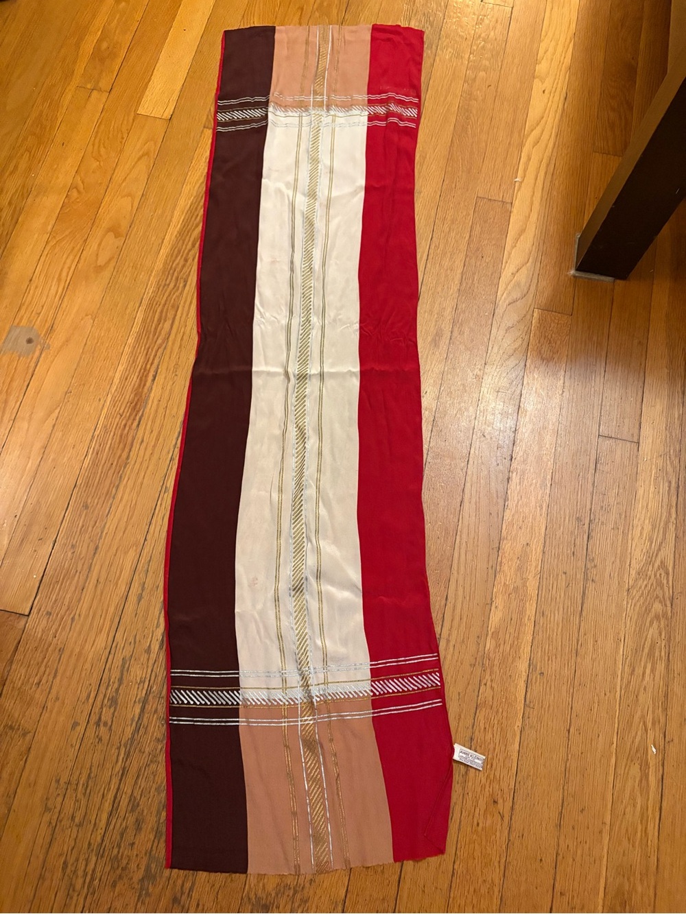 Anne Klein for Vera Vintage Red Silk Scarf with Metallic Stripe Accents